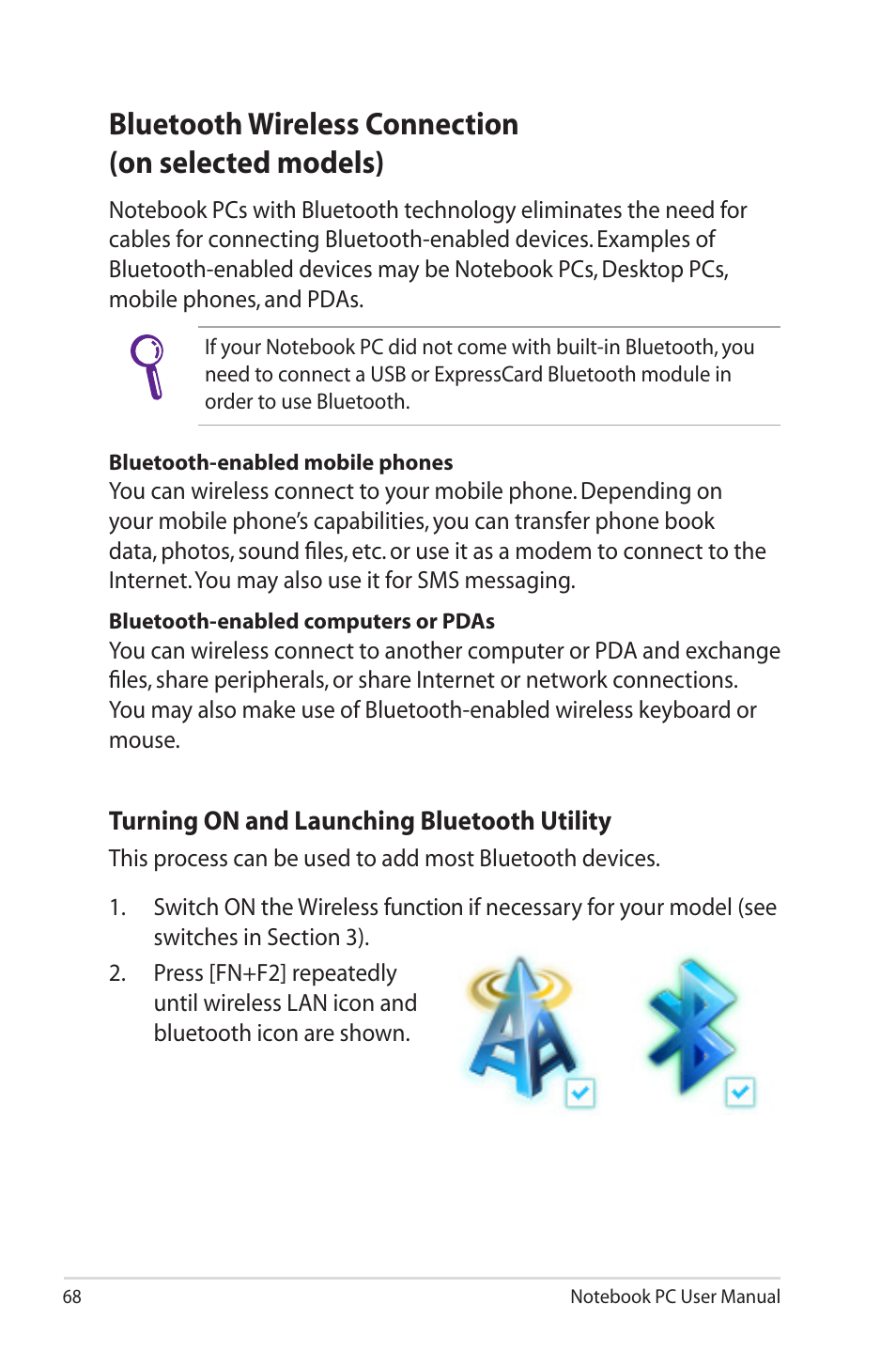 Bluetooth wireless connection(on selected models), Bluetooth wireless connection (on selected models) | Asus X4KSL User Manual | Page 68 / 114