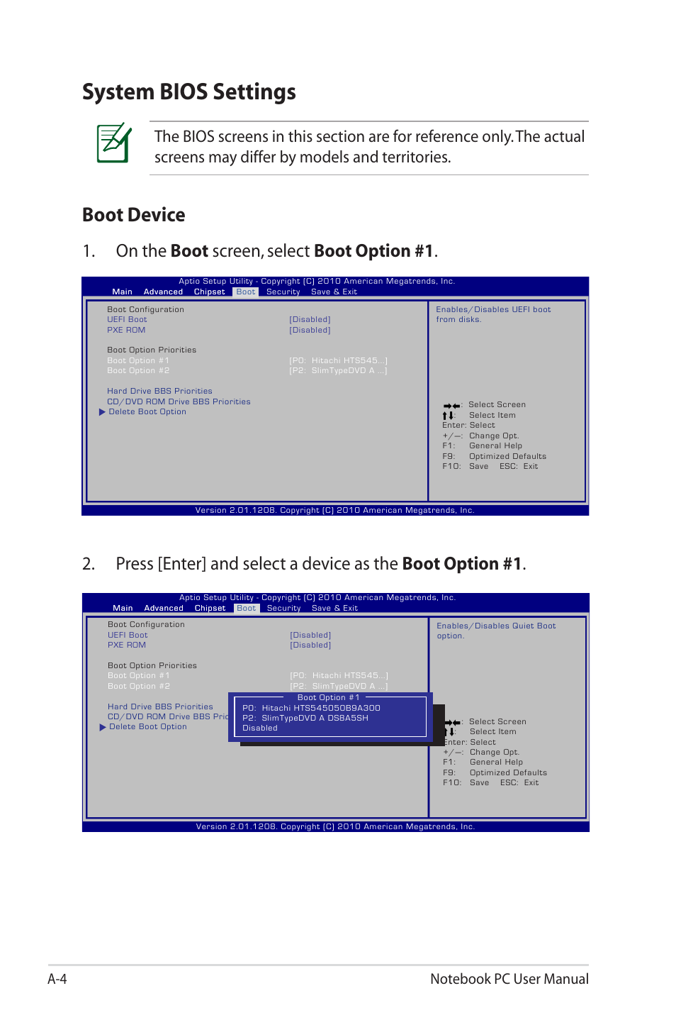 System bios settings, Boot device, On the boot screen, select boot option #1 | Asus X4KSL User Manual | Page 76 / 114