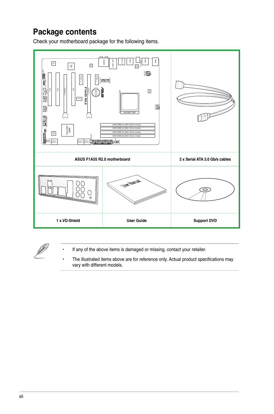 Package contents, User manual, 1 x i/o-shield user guide support dvd | Asus F1A55 R2.0 User Manual | Page 12 / 76