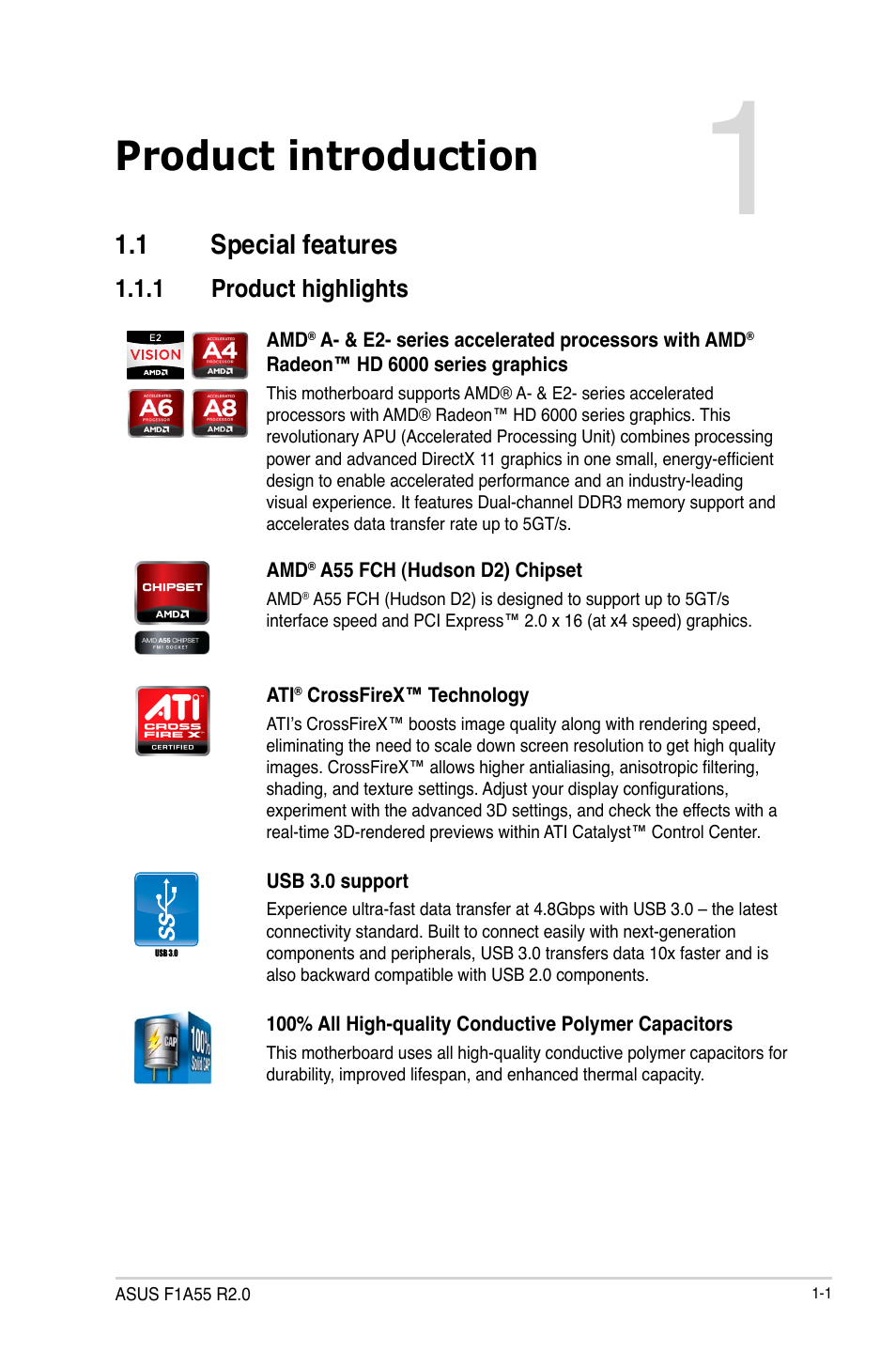 Product introduction, 1 special features, 1 product highlights | Special features -1 1.1.1, Product highlights -1 | Asus F1A55 R2.0 User Manual | Page 13 / 76