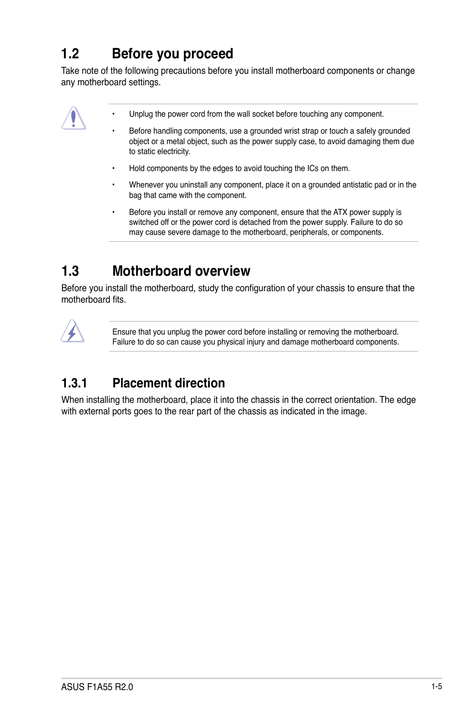 2 before you proceed, 3 motherboard overview, 1 placement direction | Before you proceed -5, Motherboard overview -5 1.3.1, Placement direction -5 | Asus F1A55 R2.0 User Manual | Page 17 / 76