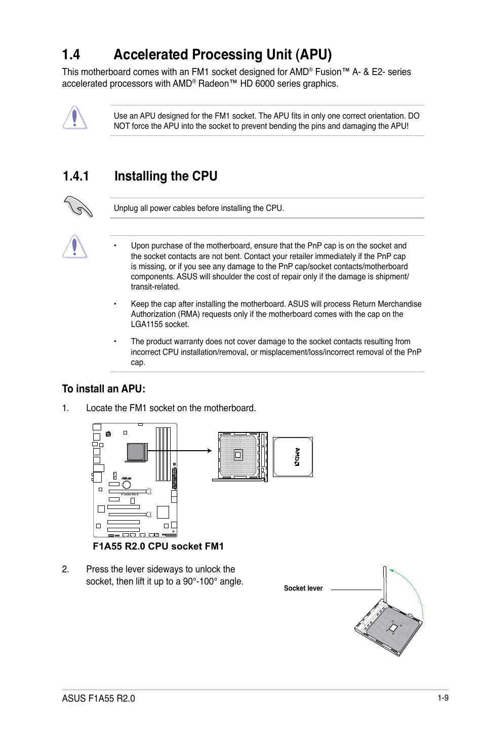 4 accelerated processing unit (apu), 1 installing the cpu, Accelerated processing unit (apu) -9 1.4.1 | Installing the cpu -9 | Asus F1A55 R2.0 User Manual | Page 21 / 76