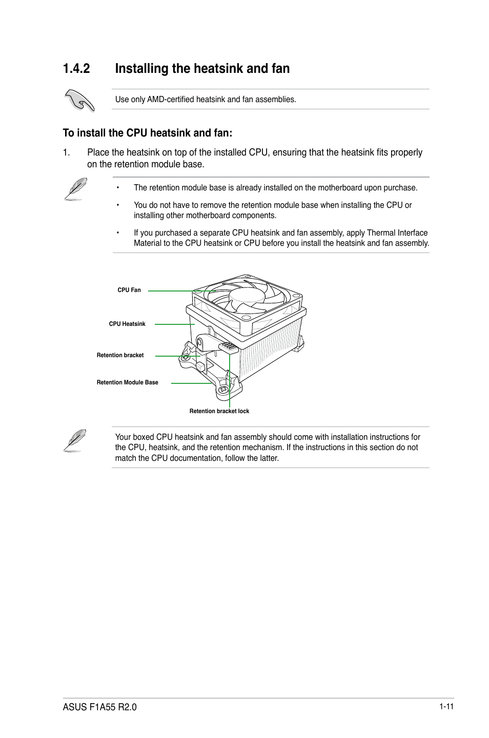 2 installing the heatsink and fan, Installing the heatsink and fan -11 | Asus F1A55 R2.0 User Manual | Page 23 / 76