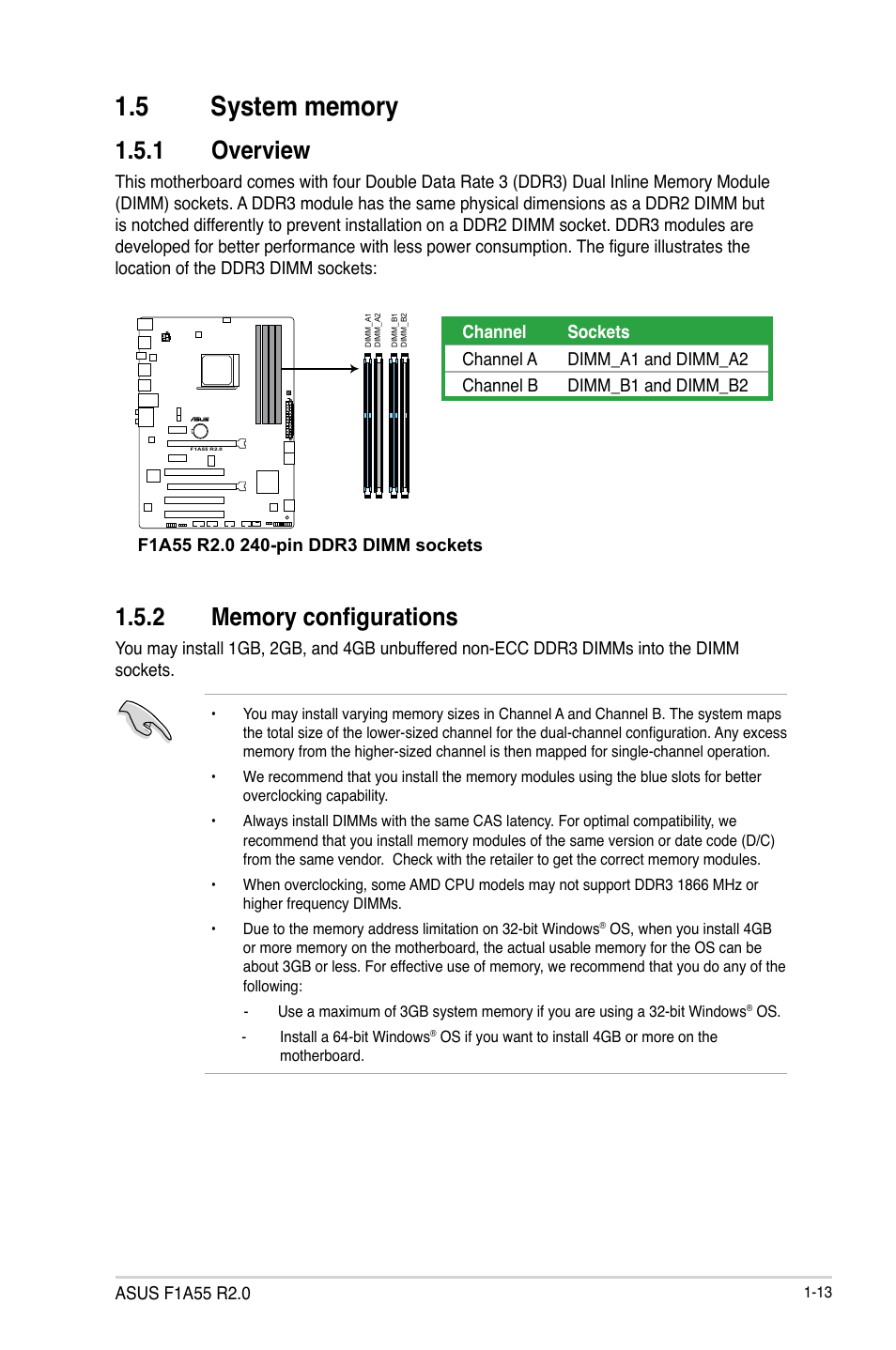 5 system memory, 1 overview, 2 memory configurations | System memory -13 1.5.1, Overview -13, Memory configurations -13 | Asus F1A55 R2.0 User Manual | Page 25 / 76