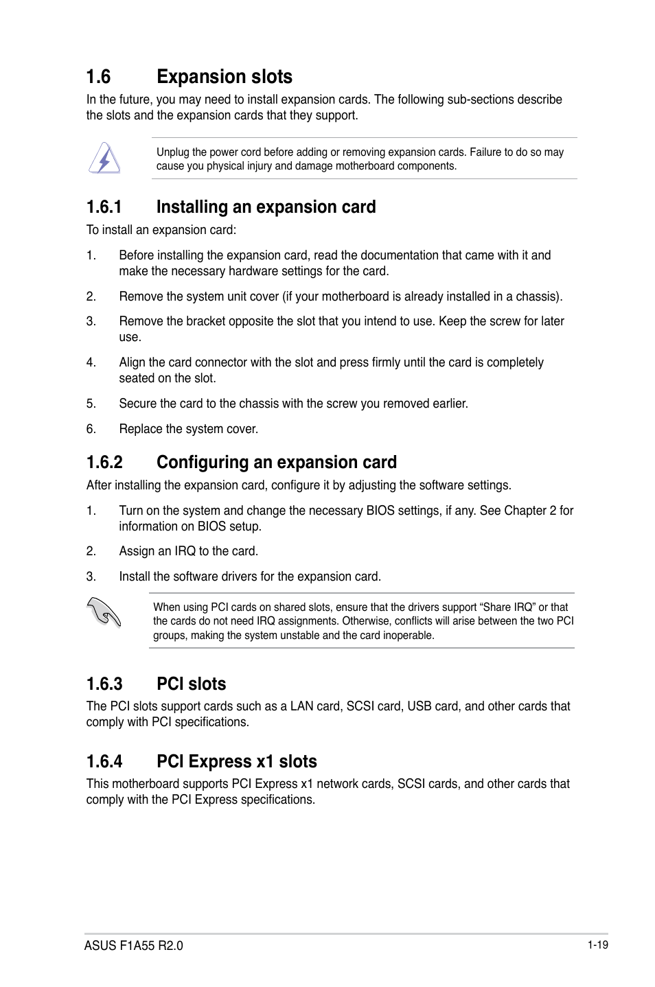 6 expansion slots, 1 installing an expansion card, 2 configuring an expansion card | 3 pci slots, 4 pci express x1 slots, Expansion slots -19 1.6.1, Installing an expansion card -19, Configuring an expansion card -19, Pci slots -19, Pci express x1 slots -19 | Asus F1A55 R2.0 User Manual | Page 31 / 76