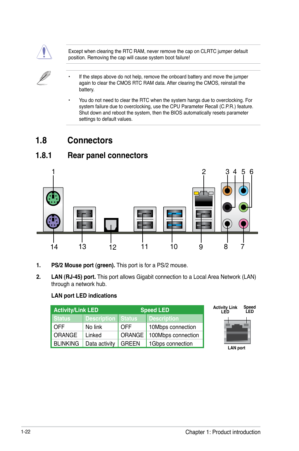 8 connectors, 1 rear panel connectors, Connectors -22 1.8.1 | Rear panel connectors -22 | Asus F1A55 R2.0 User Manual | Page 34 / 76