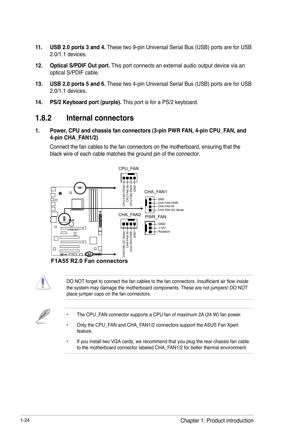 2 internal connectors, Internal connectors -24, Chapter 1: product introduction | Asus F1A55 R2.0 User Manual | Page 36 / 76