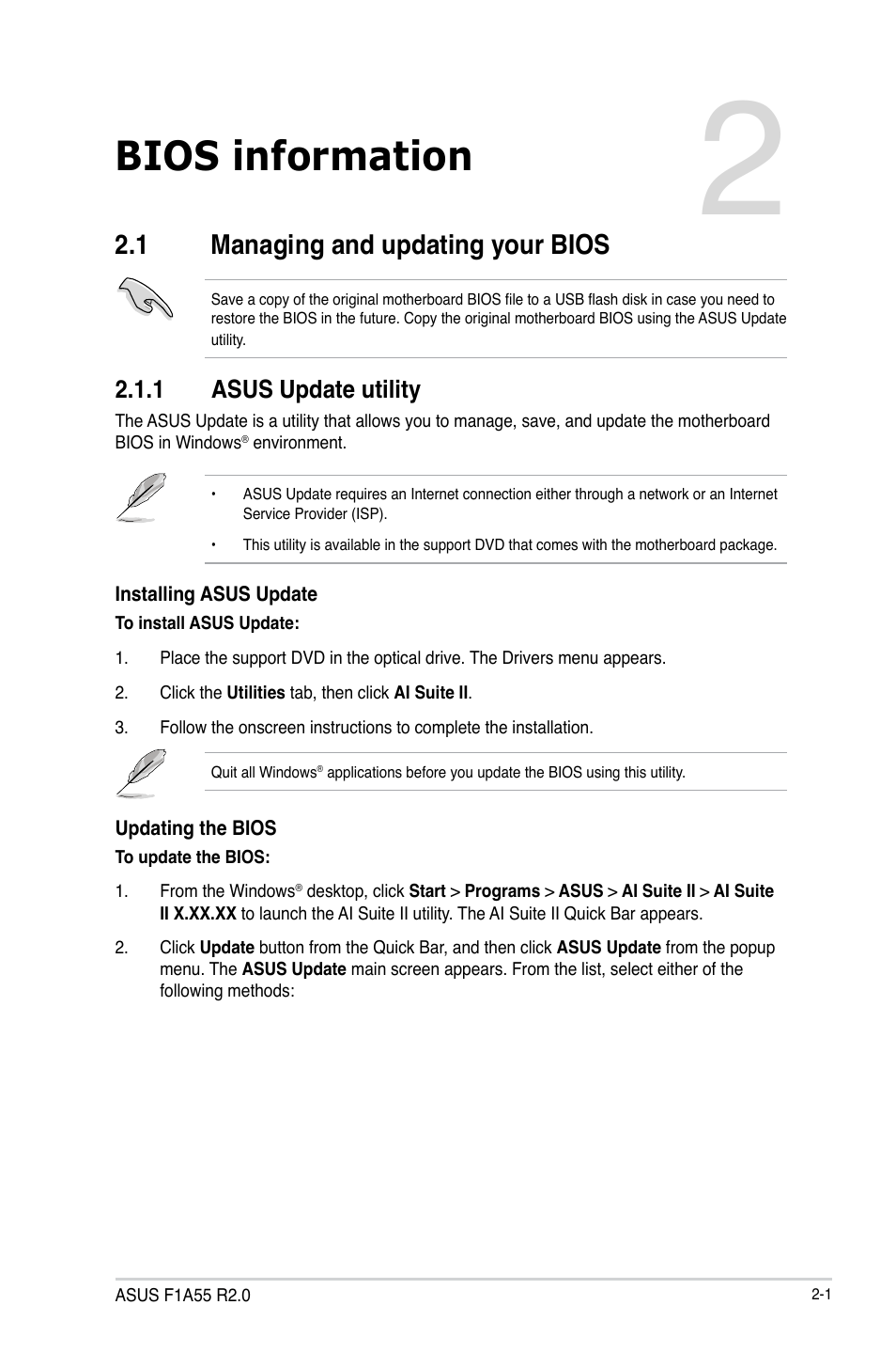 Bios information, 1 managing and updating your bios, 1 asus update utility | Bios information 2-1, Managing and updating your bios -1 2.1.1, Asus update utility -1 | Asus F1A55 R2.0 User Manual | Page 45 / 76