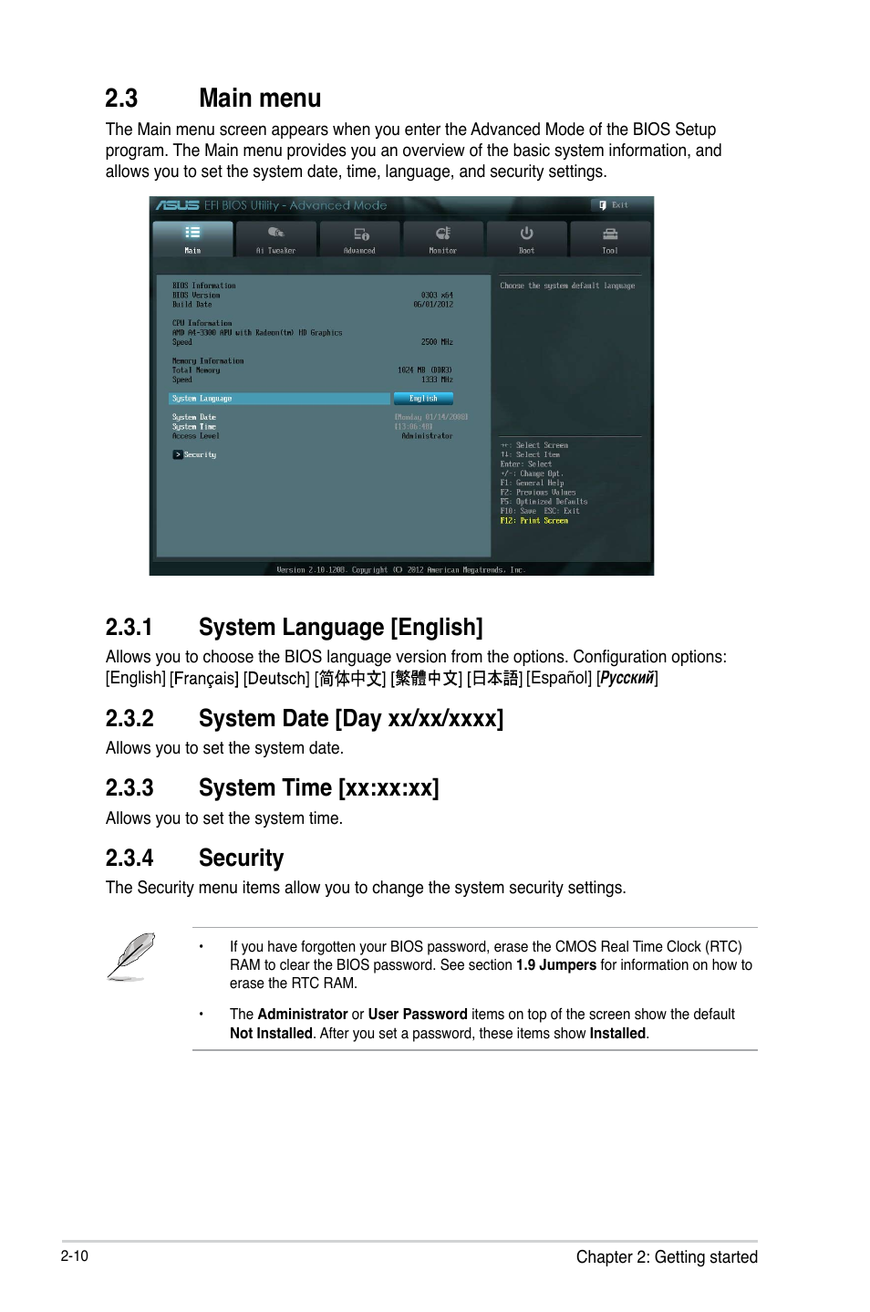 3 main menu, 1 system language [english, 2 system date [day xx/xx/xxxx | 3 system time [xx:xx:xx, 4 security, Main menu -10 2.3.1, System language [english] -10, System date [day xx/xx/xxxx] -10, System time [xx:xx:xx] -10, Security -10 | Asus F1A55 R2.0 User Manual | Page 54 / 76