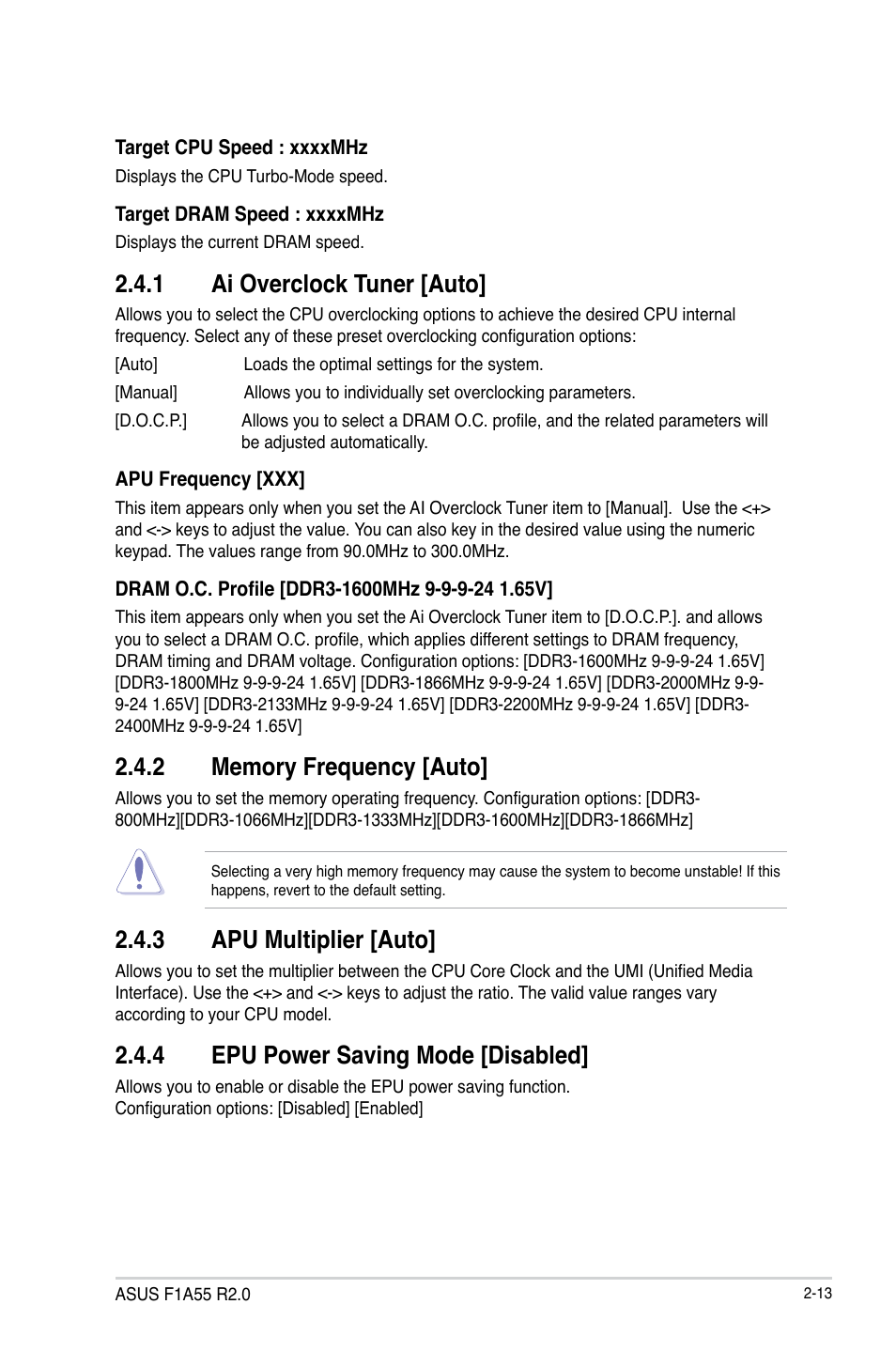 1 ai overclock tuner [auto, 2 memory frequency [auto, 3 apu multiplier [auto | 4 epu power saving mode [disabled, Ai overclock tuner [auto] -13, Memory frequency [auto] -13, Apu multiplier [auto] -13, Epu power saving mode [disabled] -13 | Asus F1A55 R2.0 User Manual | Page 57 / 76