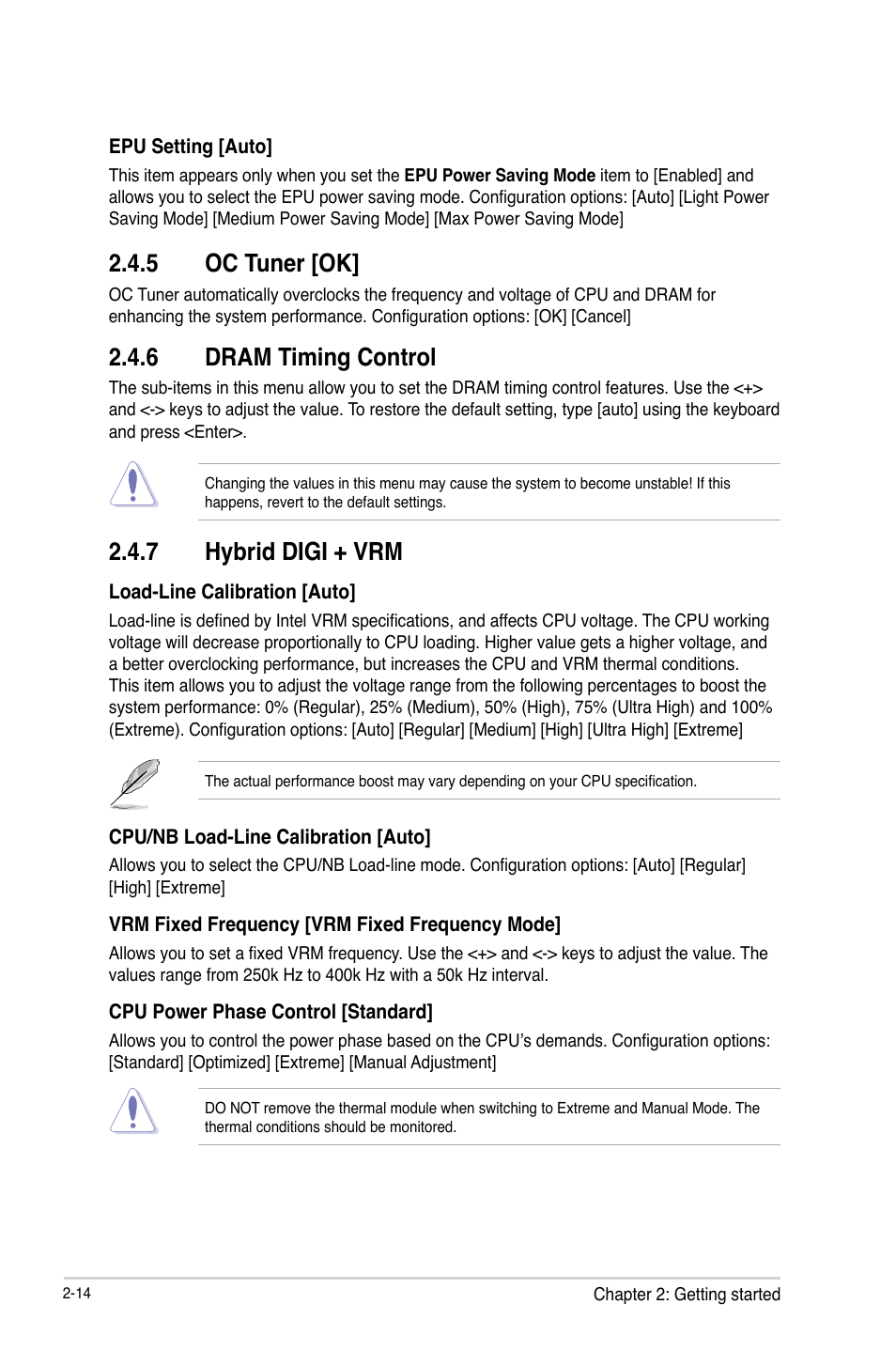 5 oc tuner [ok, 6 dram timing control, 7 hybrid digi + vrm | Oc tuner [ok] -14, Dram timing control -14, Hybrid digi + vrm -14 | Asus F1A55 R2.0 User Manual | Page 58 / 76