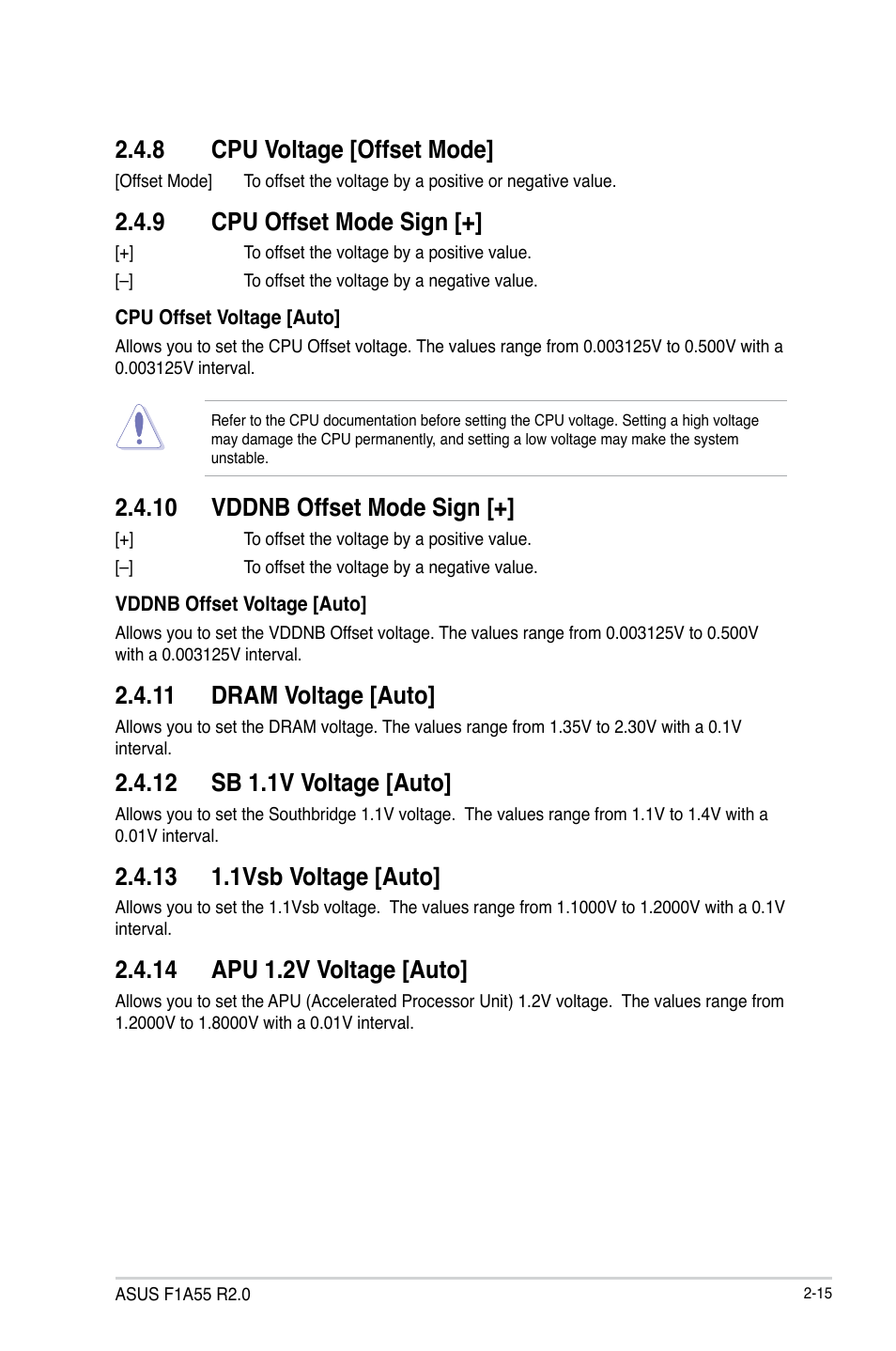 8 cpu voltage [offset mode, 9 cpu offset mode sign, 10 vddnb offset mode sign | 11 dram voltage [auto, 12 sb 1.1v voltage [auto, 13 1.1vsb voltage [auto, 14 apu 1.2v voltage [auto, Cpu voltage [offset mode] -15, Cpu offset mode sign [+] -15, Vddnb offset mode sign [+] -15 | Asus F1A55 R2.0 User Manual | Page 59 / 76