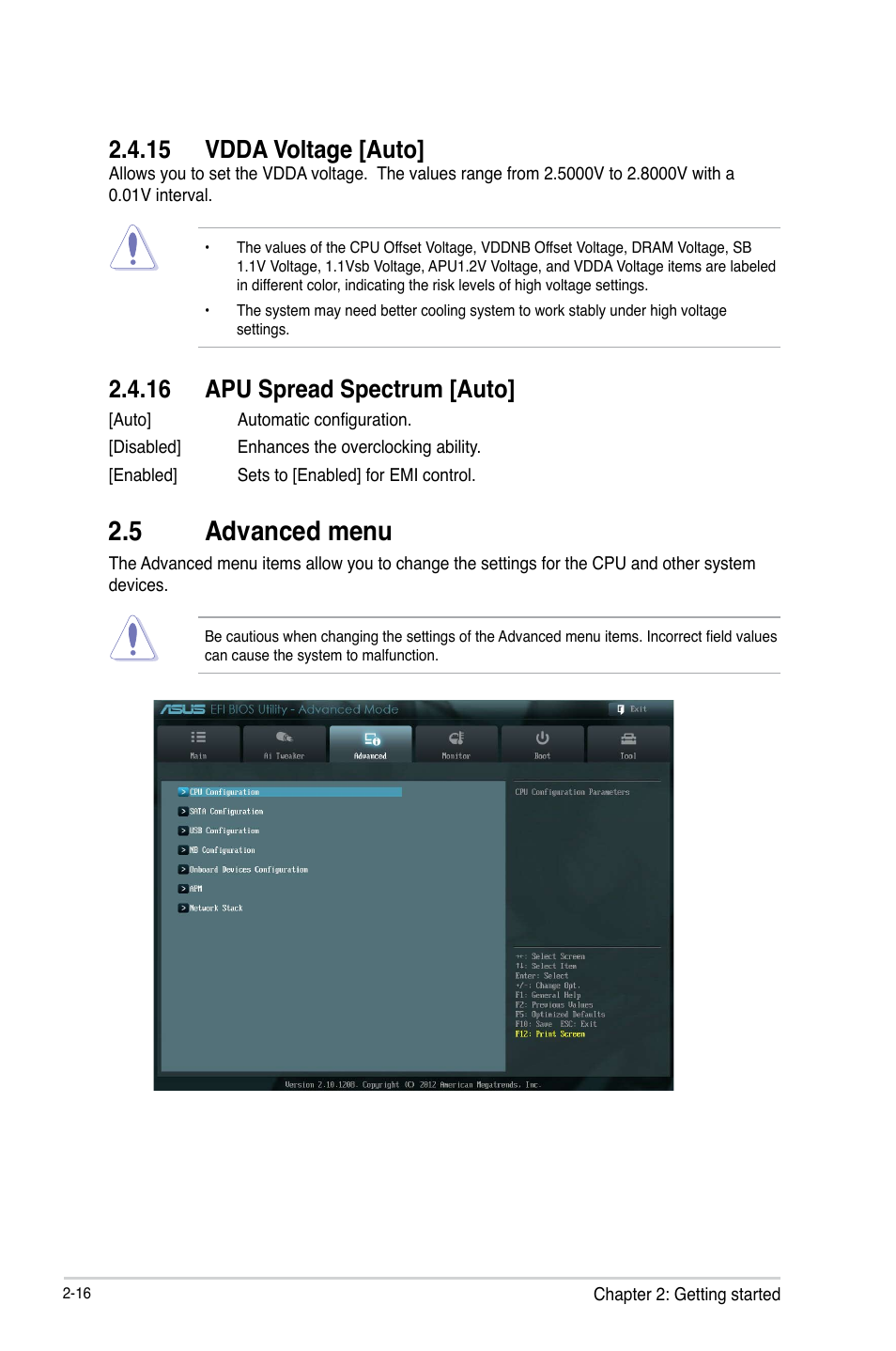 15 vdda voltage [auto, 16 apu spread spectrum [auto, 5 advanced menu | Vdda voltage [auto] -16, Apu spread spectrum [auto] -16, Advanced menu -16 | Asus F1A55 R2.0 User Manual | Page 60 / 76