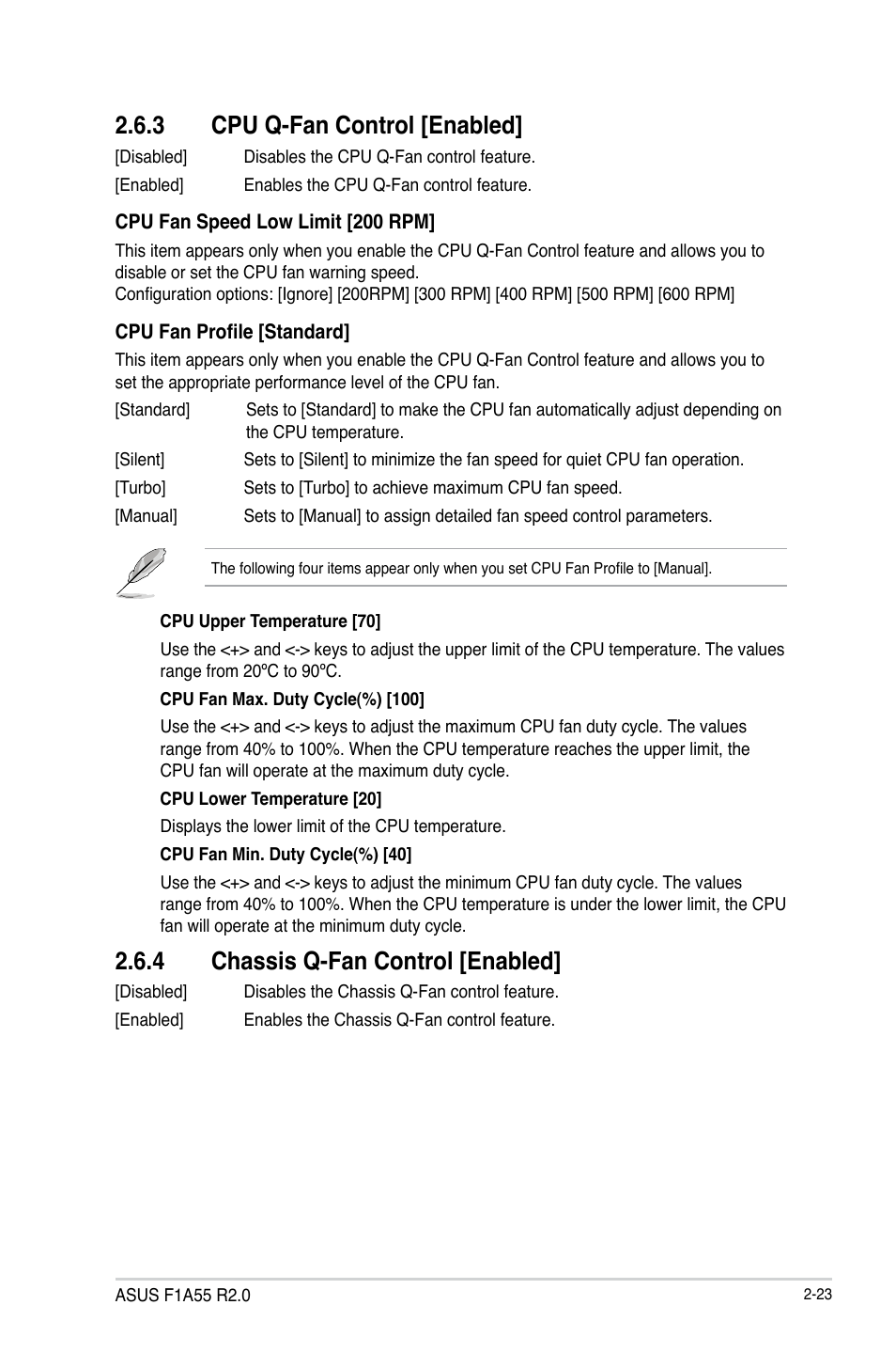 3 cpu q-fan control [enabled, 4 chassis q-fan control [enabled, Cpu q-fan control [enabled] -23 | Chassis q-fan control [enabled] -23 | Asus F1A55 R2.0 User Manual | Page 67 / 76