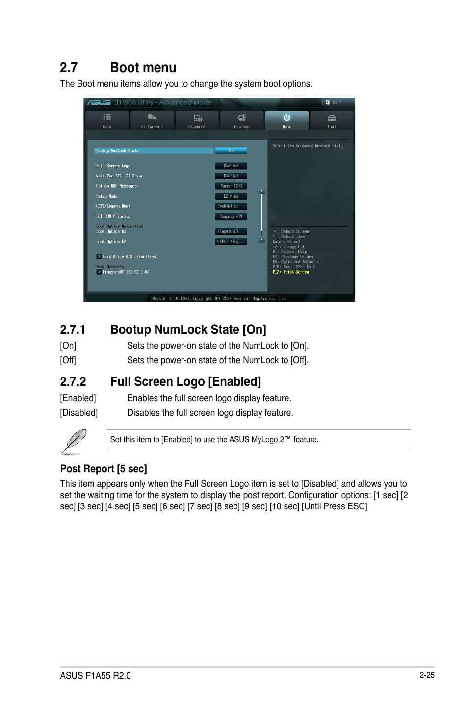 7 boot menu, 1 bootup numlock state [on, 2 full screen logo [enabled | Boot menu -25 2.7.1, Bootup numlock state [on] -25, Full screen logo [enabled] -25 | Asus F1A55 R2.0 User Manual | Page 69 / 76