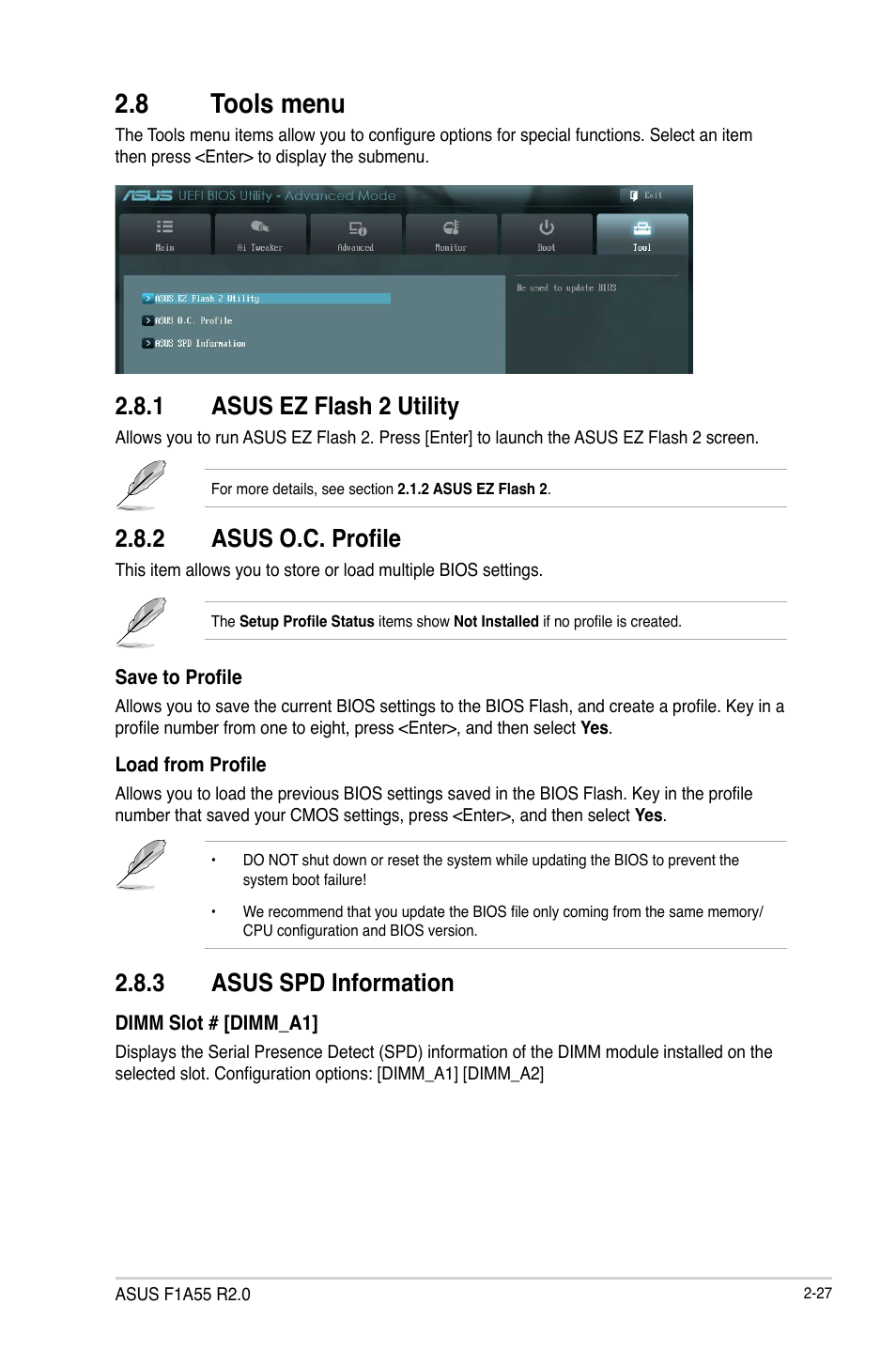 8 tools menu, 1 asus ez flash 2 utility, 2 asus o.c. profile | 3 asus spd information, Tools menu -27 2.8.1, Asus ez flash 2 utility -27, Asus o.c. profile -27, Asus spd information -27 | Asus F1A55 R2.0 User Manual | Page 71 / 76