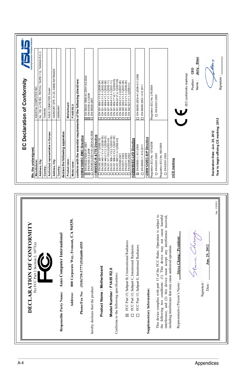 Declaration of conformity, Appendices, Ec declaration of conformity | Asu s c om pu te r in te rn at io na l | Asus F1A55 R2.0 User Manual | Page 76 / 76