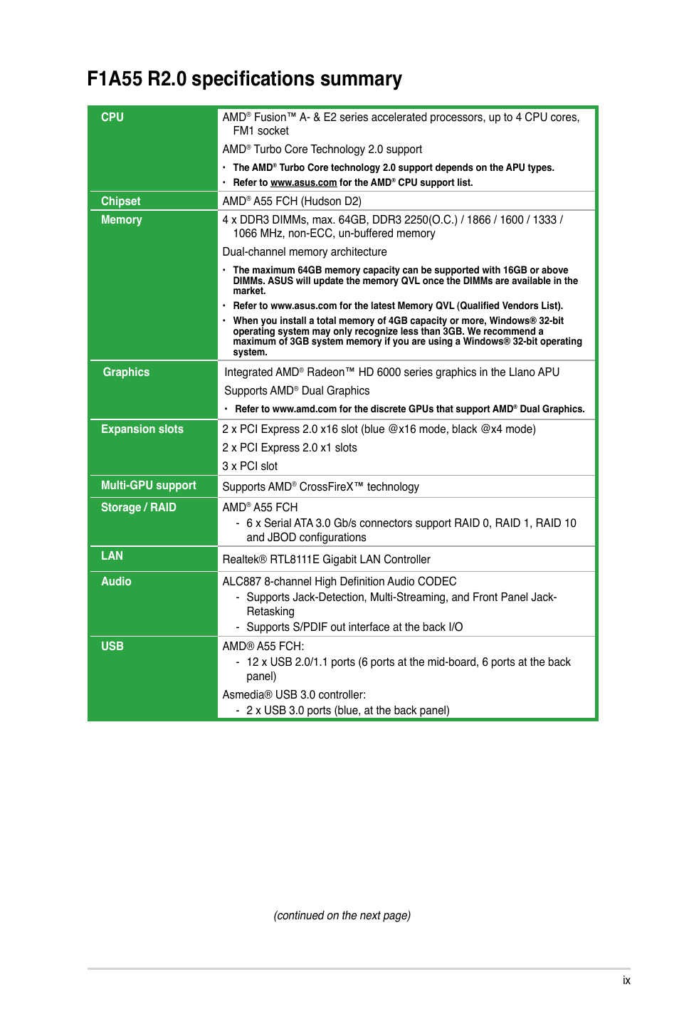 F1a55 r2.0 specifications summary | Asus F1A55 R2.0 User Manual | Page 9 / 76