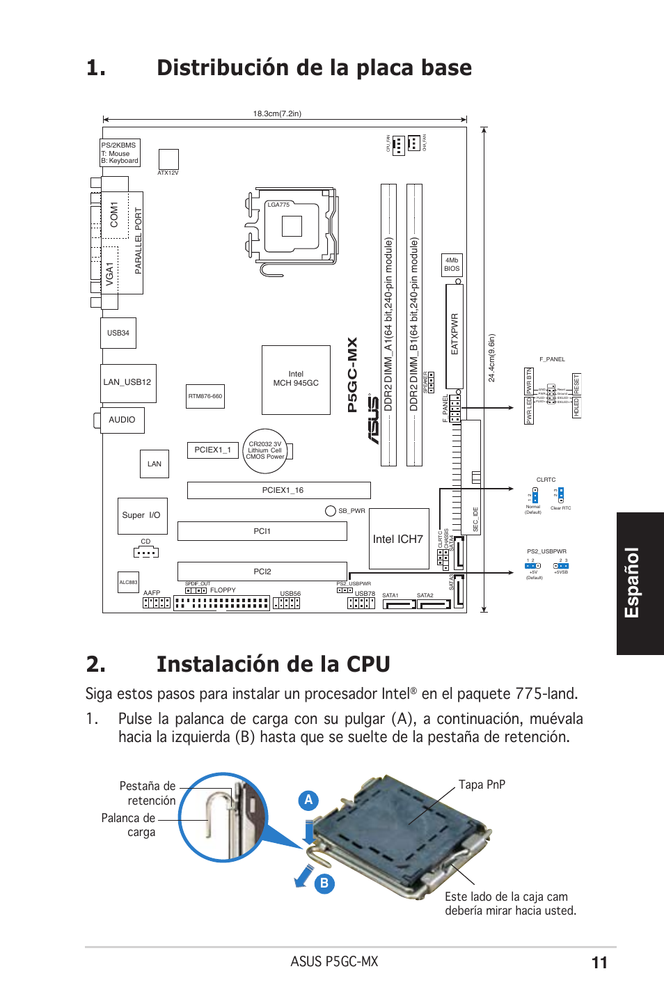 Español, Siga estos pasos para instalar un procesador intel, Asus p5gc-mx | Ab b, P5gc-mx, Intel ich7 | Asus P5GC-MX User Manual | Page 11 / 38