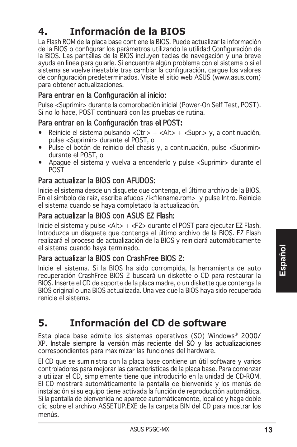 Información de la bios, Información del cd de software, Español | Asus P5GC-MX User Manual | Page 13 / 38