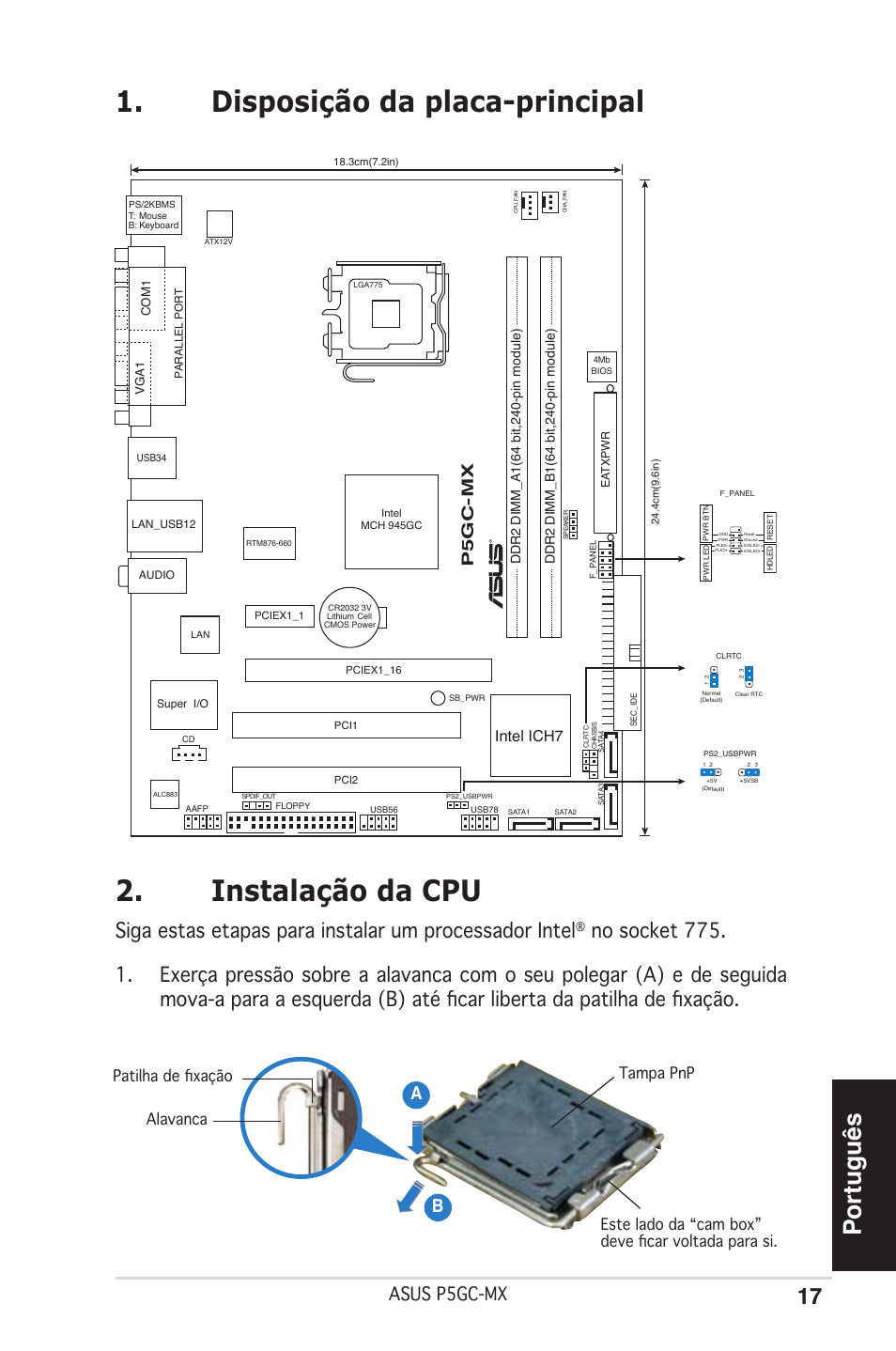 Disposição da placa-principal 2. instalação da cpu, Português, Asus p5gc-mx | Ab b, P5gc-mx, Intel ich7 | Asus P5GC-MX User Manual | Page 17 / 38