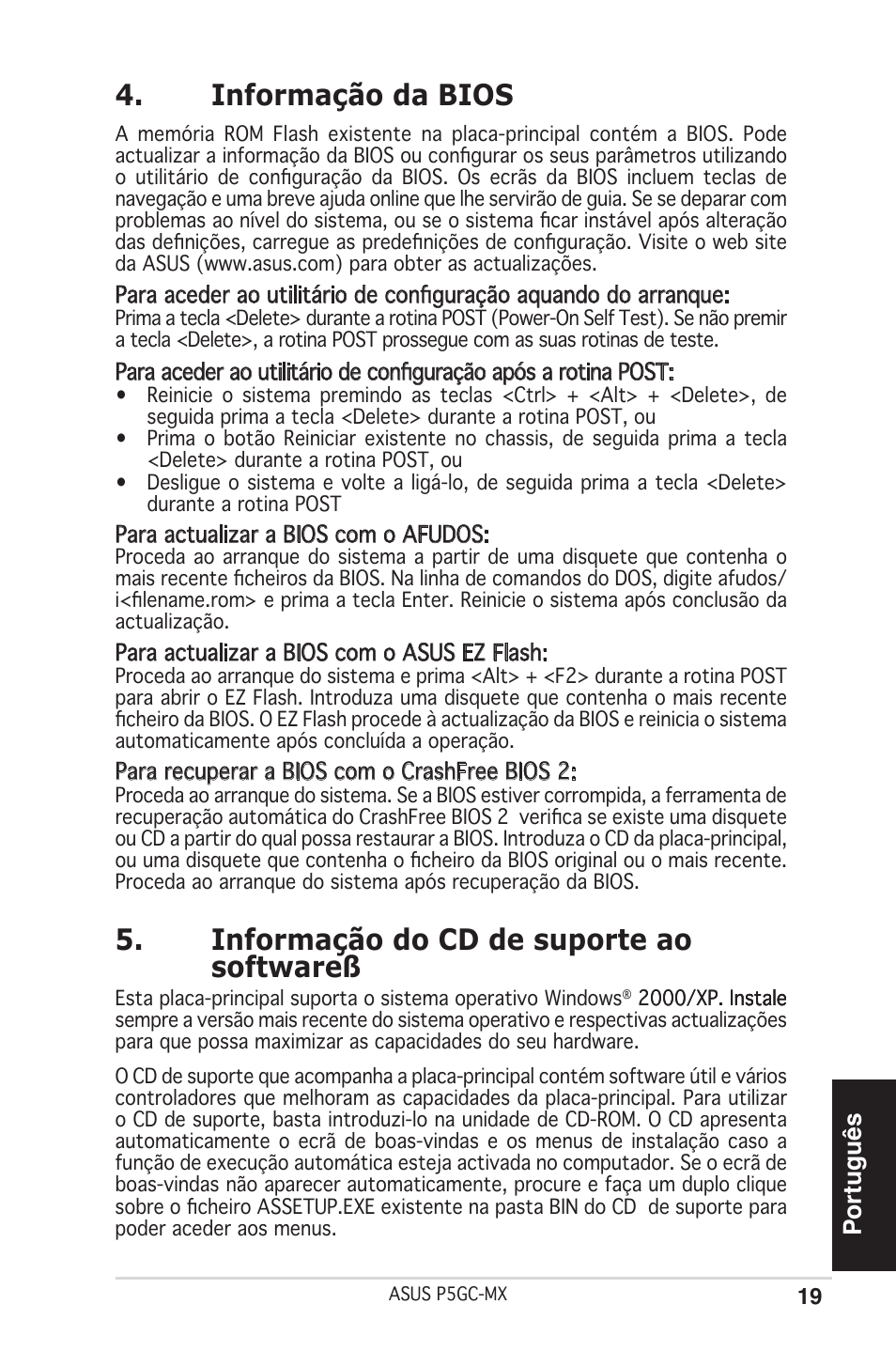 Informação da bios, Informação do cd de suporte ao softwareß, Português | Asus P5GC-MX User Manual | Page 19 / 38