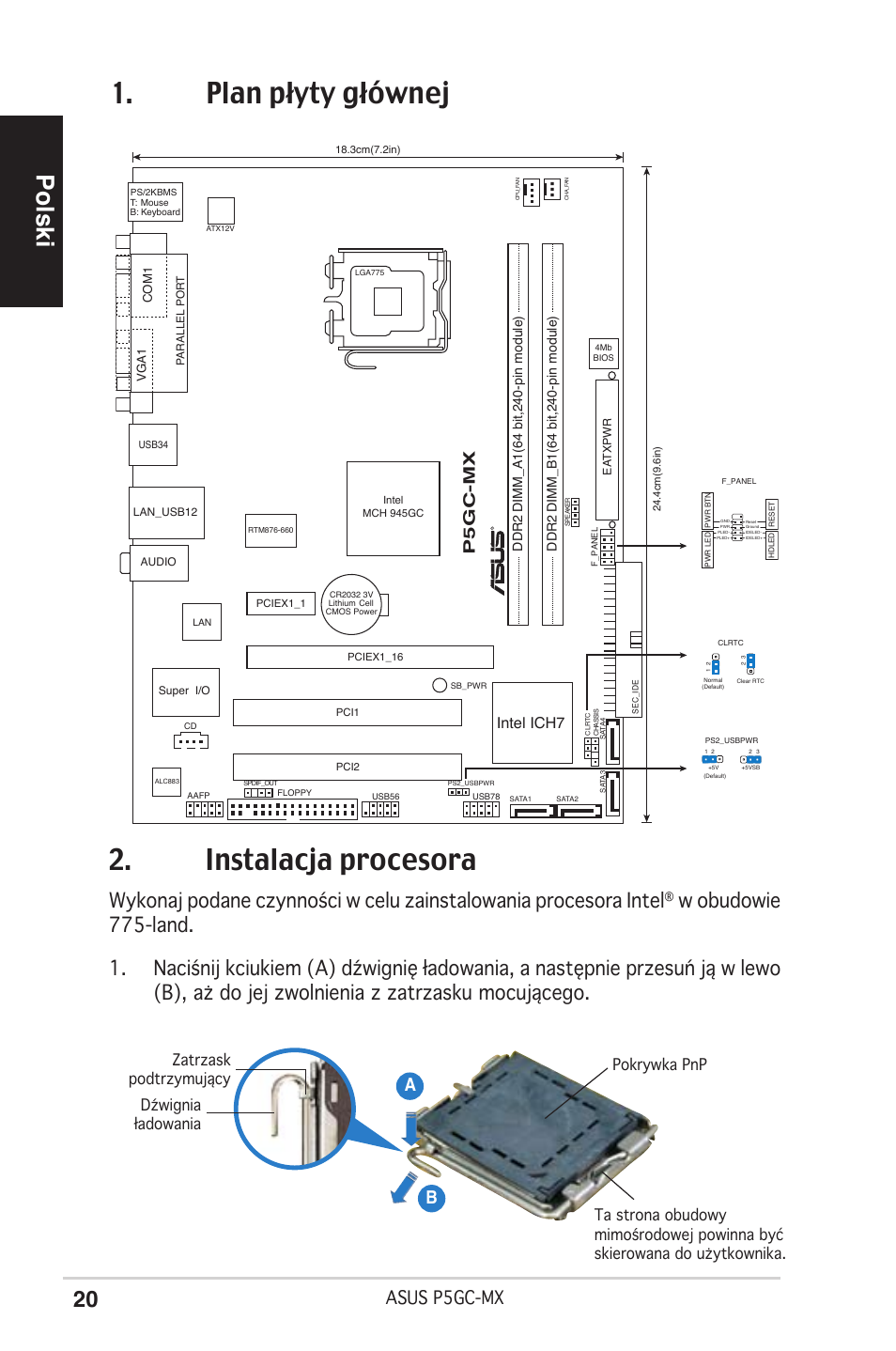 Plan płyty głównej 2. instalacja procesora, Polski, Asus p5gc-mx | Ab b, P5gc-mx, Intel ich7 | Asus P5GC-MX User Manual | Page 20 / 38