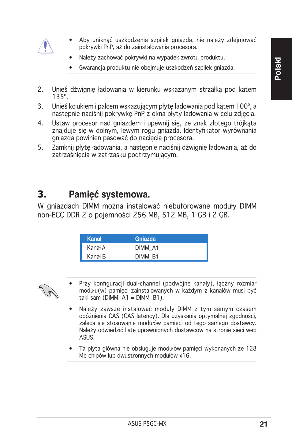 Pamięć systemowa, Polski | Asus P5GC-MX User Manual | Page 21 / 38