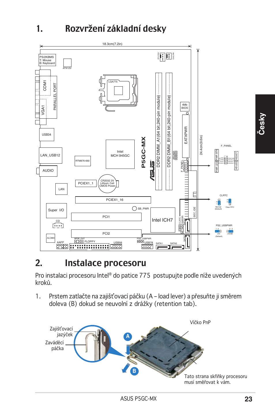 Rozvržení základní desky 2. instalace procesoru, Česky, Pro instalaci procesoru intel | Asus p5gc-mx, Ab b, P5gc-mx, Intel ich7 | Asus P5GC-MX User Manual | Page 23 / 38