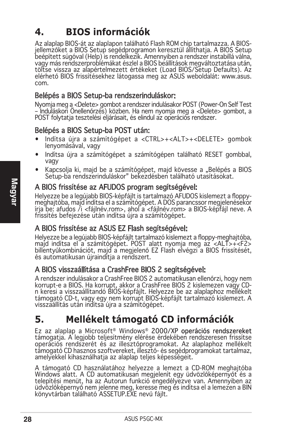 Bios információk, Mellékelt támogató cd információk, Magyar | Asus P5GC-MX User Manual | Page 28 / 38