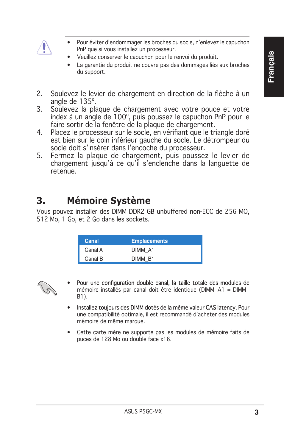 Mémoire système, Français | Asus P5GC-MX User Manual | Page 3 / 38