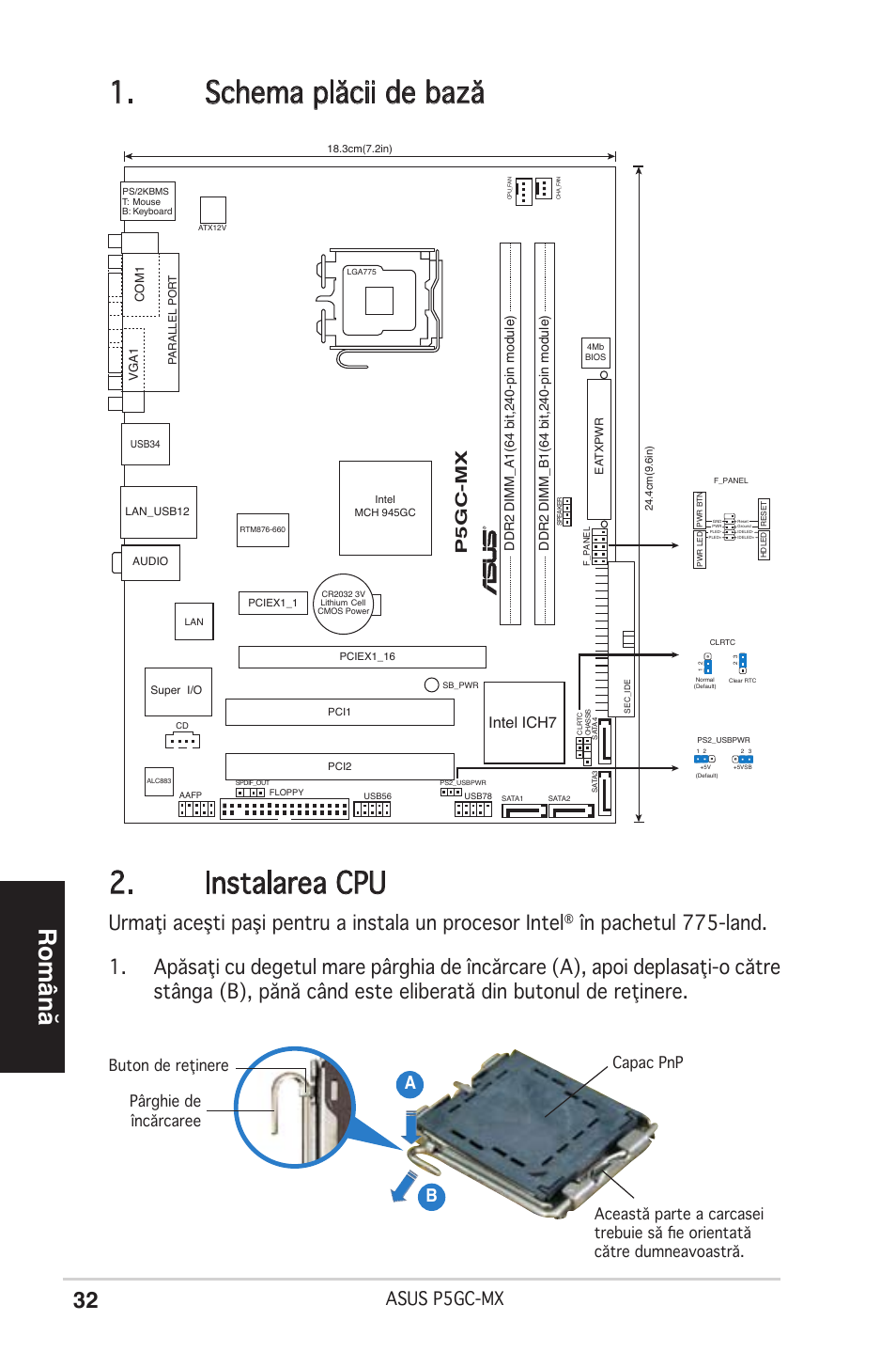 Schema plăcii de bază 2. instalarea cpu, Română, Asus p5gc-mx | Ab b, P5gc-mx, Intel ich7 | Asus P5GC-MX User Manual | Page 32 / 38