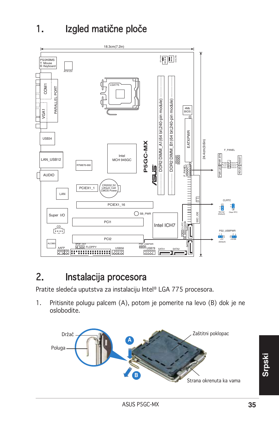 Izgled matične ploče 2. instalacija procesora, Srpski, Pratite sledeća uputstva za instalaciju intel | Asus p5gc-mx, Ab b, P5gc-mx, Intel ich7 | Asus P5GC-MX User Manual | Page 35 / 38