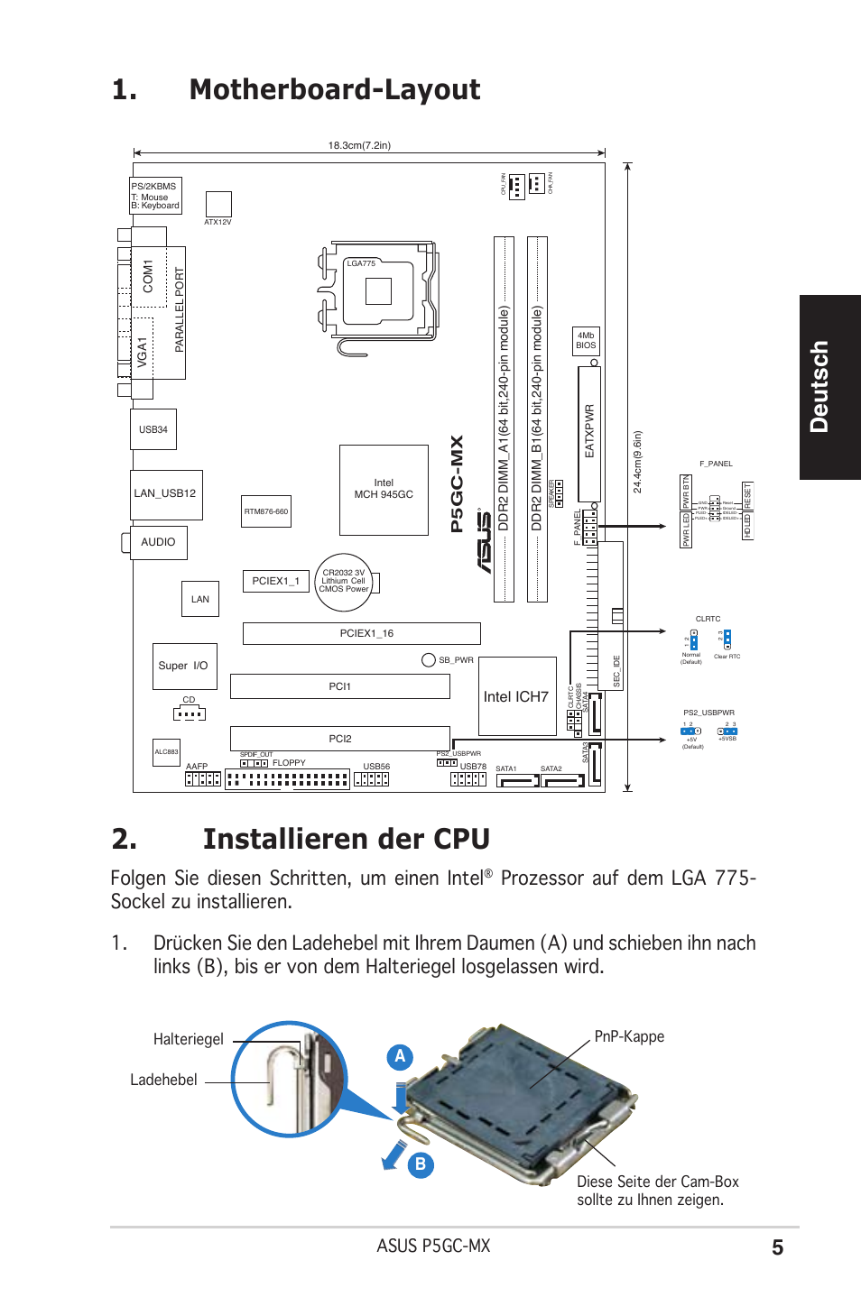 Motherboard-layout 2. installieren der cpu, Deutsch, Folgen sie diesen schritten, um einen intel | Asus p5gc-mx, Ab b, Pgc-mx, Intel ich7 | Asus P5GC-MX User Manual | Page 5 / 38