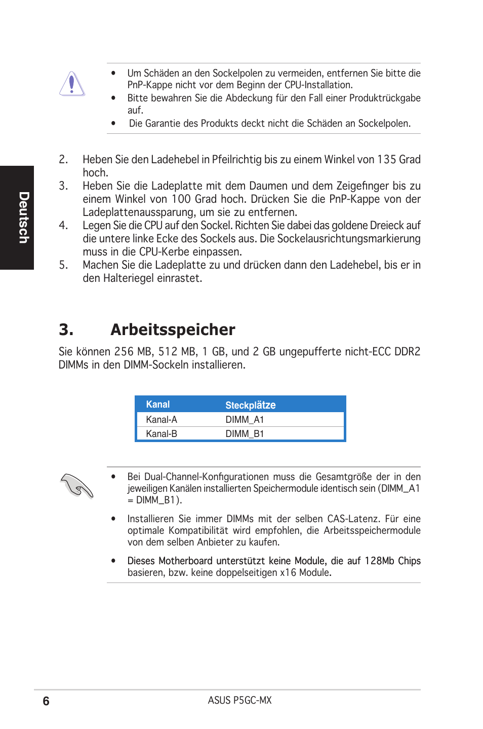 Arbeitsspeicher, Deutsch | Asus P5GC-MX User Manual | Page 6 / 38