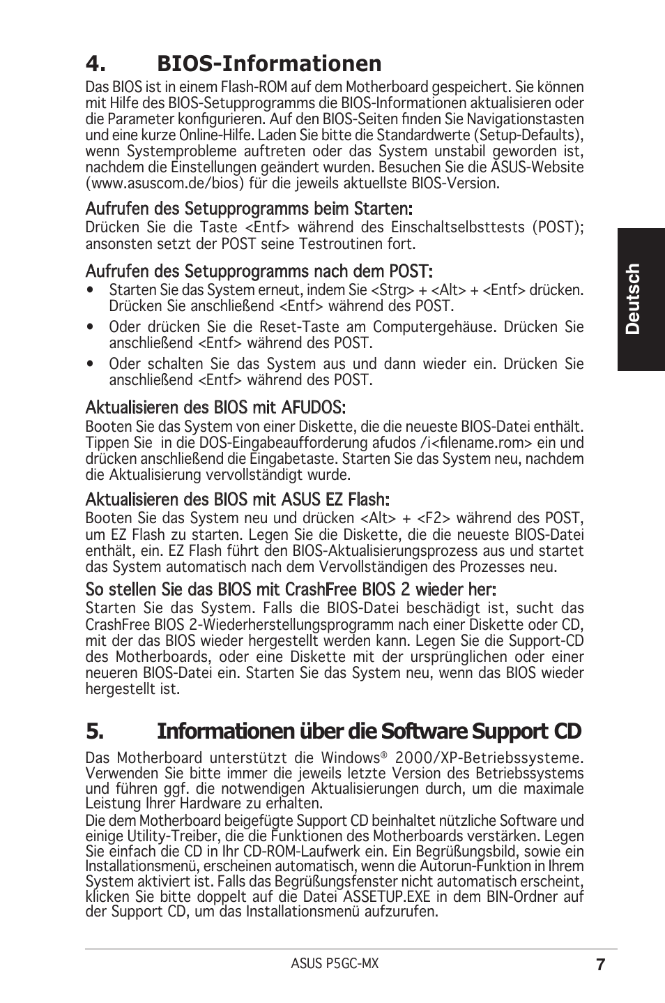 Bios-informationen, Informationen über die software support cd, Deutsch | Asus P5GC-MX User Manual | Page 7 / 38