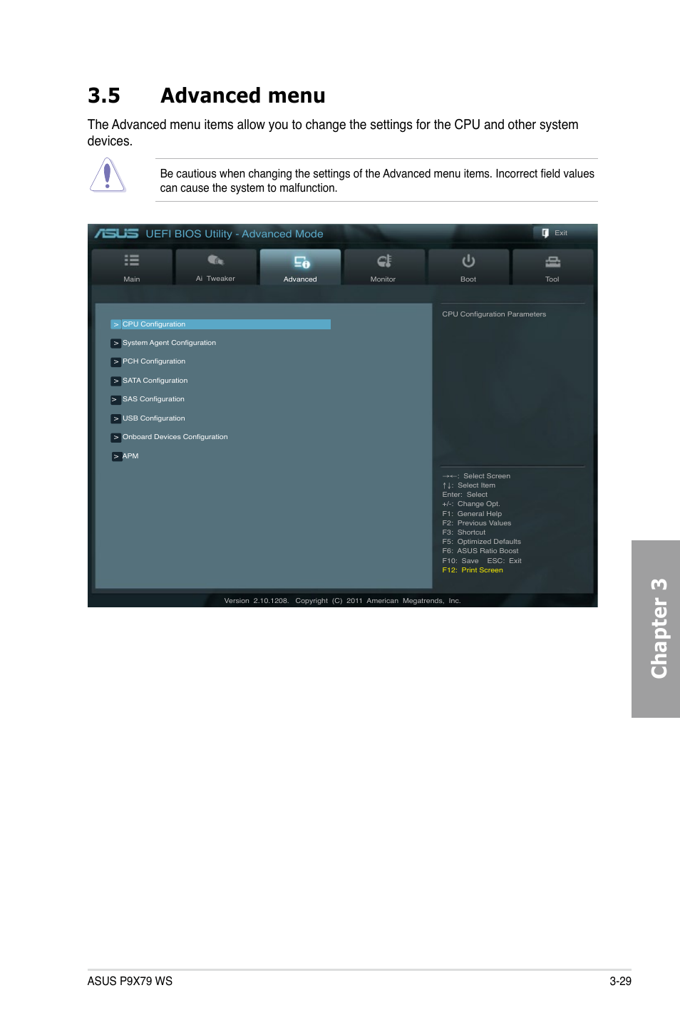 5 advanced menu, Advanced menu -29, Chapter 3 | Asus P9X79 WS User Manual | Page 109 / 186