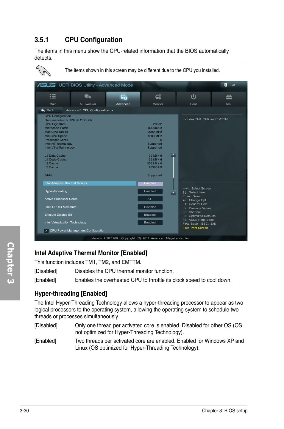 1 cpu configuration, Cpu configuration -30, Chapter 3 | Intel adaptive thermal monitor [enabled, Hyper-threading [enabled, 30 chapter 3: bios setup | Asus P9X79 WS User Manual | Page 110 / 186