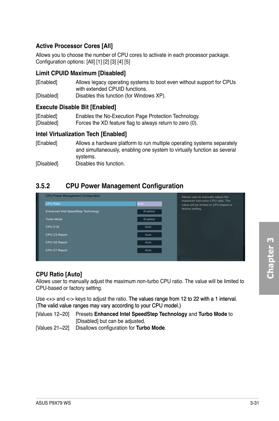 2 cpu power management configuration, Cpu power management configuration -31, Chapter 3 | Active processor cores [all, Limit cpuid maximum [disabled, Execute disable bit [enabled, Intel virtualization tech [enabled, Cpu ratio [auto | Asus P9X79 WS User Manual | Page 111 / 186