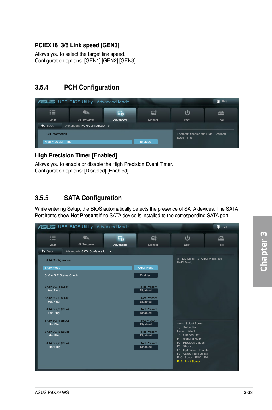 4 pch configuration, 5 sata configuration, Pch configuration -33 | Sata configuration -33, Chapter 3, High precision timer [enabled | Asus P9X79 WS User Manual | Page 113 / 186