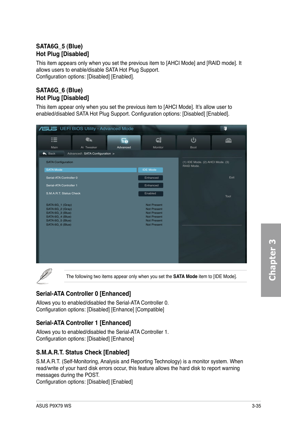 Chapter 3, Serial-ata controller 0 [enhanced, Serial-ata controller 1 [enhanced | S.m.a.r.t. status check [enabled, Sata6g_5 (blue) hot plug [disabled, Sata6g_6 (blue) hot plug [disabled | Asus P9X79 WS User Manual | Page 115 / 186