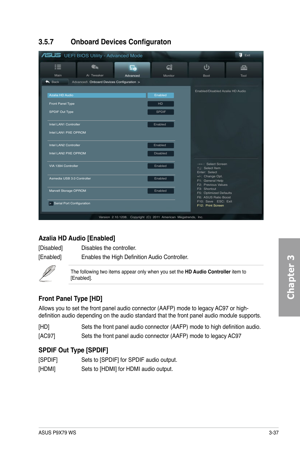 7 onboard devices configuraton, Onboard devices configuraton -37, Chapter 3 | Azalia hd audio [enabled, Front panel type [hd, Spdif out type [spdif | Asus P9X79 WS User Manual | Page 117 / 186