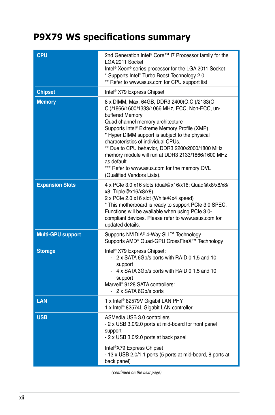 P9x79 ws specifications summary | Asus P9X79 WS User Manual | Page 12 / 186