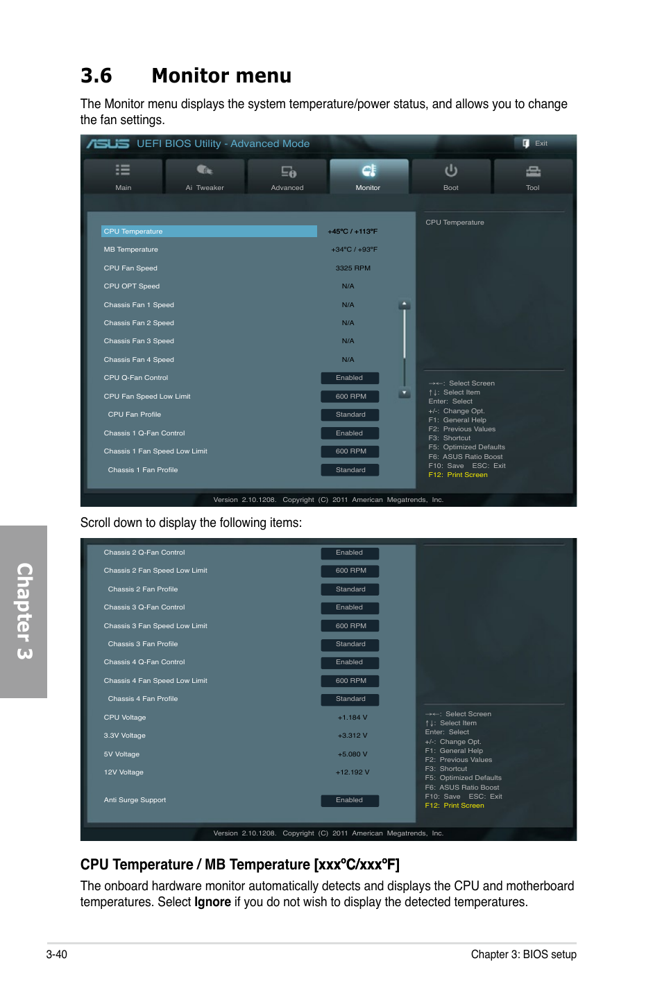 6 monitor menu, Monitor menu -40, Chapter 3 3.6 monitor menu | 40 chapter 3: bios setup, Uefi bios utility - advanced mode | Asus P9X79 WS User Manual | Page 120 / 186