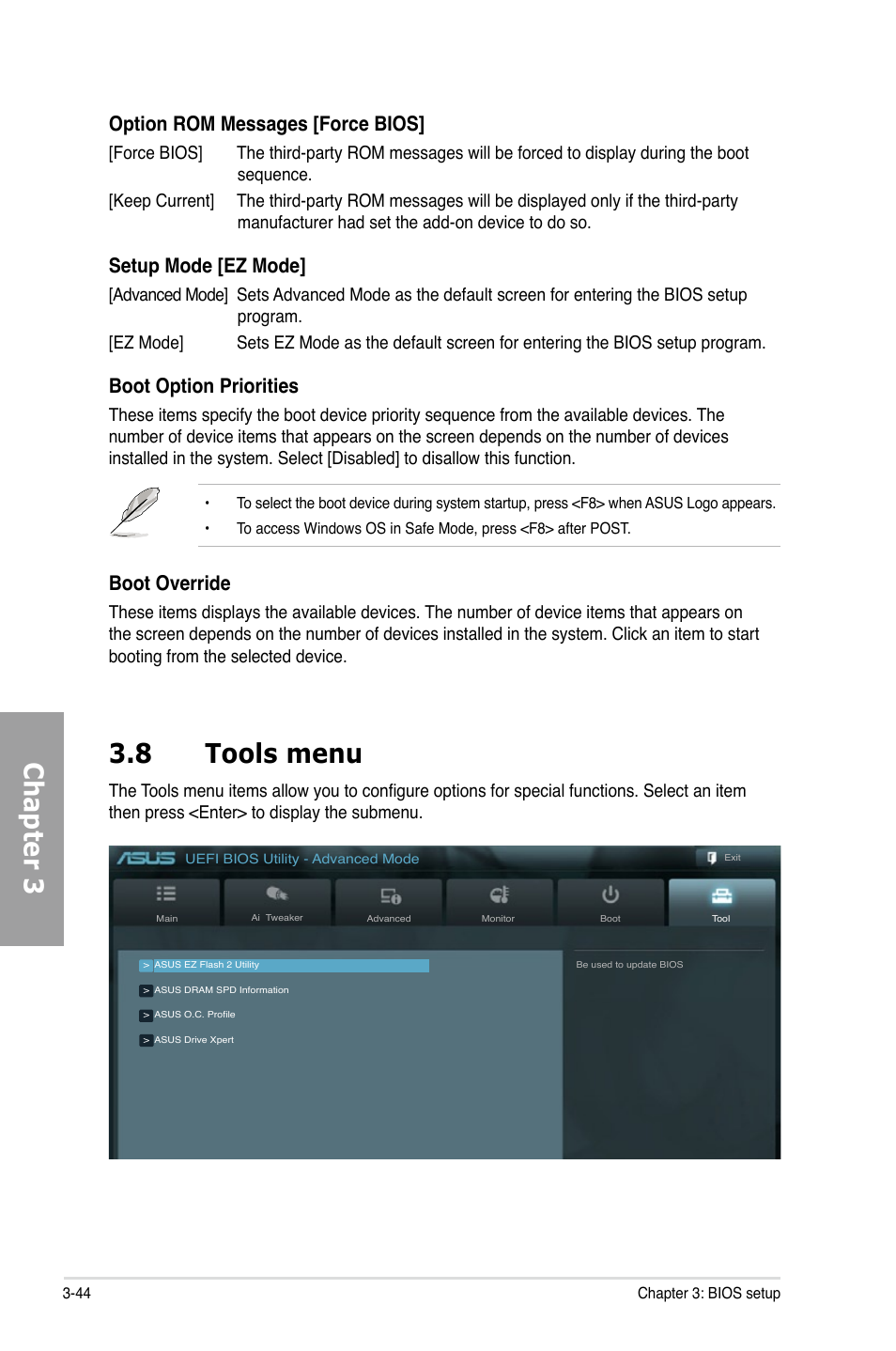 8 tools menu, Tools menu -44, Chapter 3 3.8 tools menu | Option rom messages [force bios, Setup mode [ez mode, Boot option priorities, Boot override | Asus P9X79 WS User Manual | Page 124 / 186