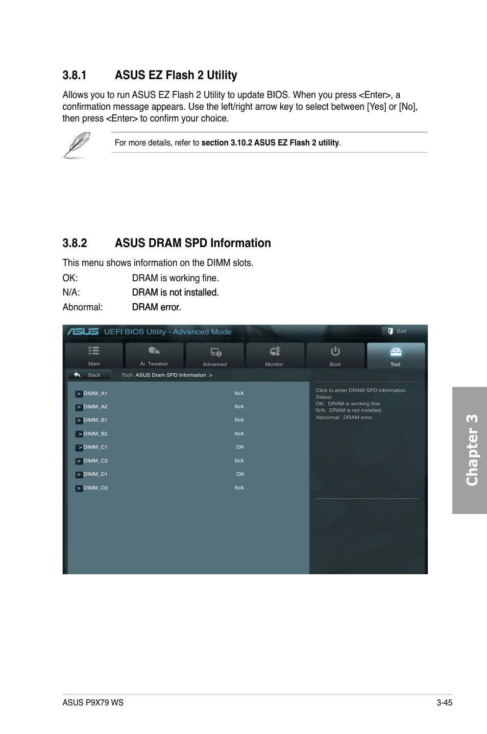 1 asus ez flash 2 utility, 2 asus dram spd information, Asus ez flash 2 utility -45 | Asus dram spd information -45, Chapter 3 | Asus P9X79 WS User Manual | Page 125 / 186