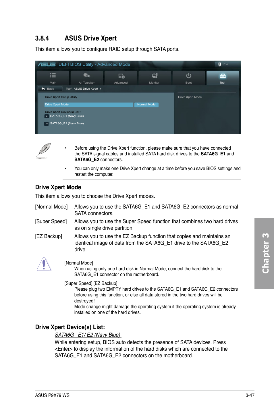 4 asus drive xpert, Asus drive xpert -47, Chapter 3 | Drive xpert mode, Drive xpert device(s) list, Sata6g _e1/ e2 (navy blue) | Asus P9X79 WS User Manual | Page 127 / 186