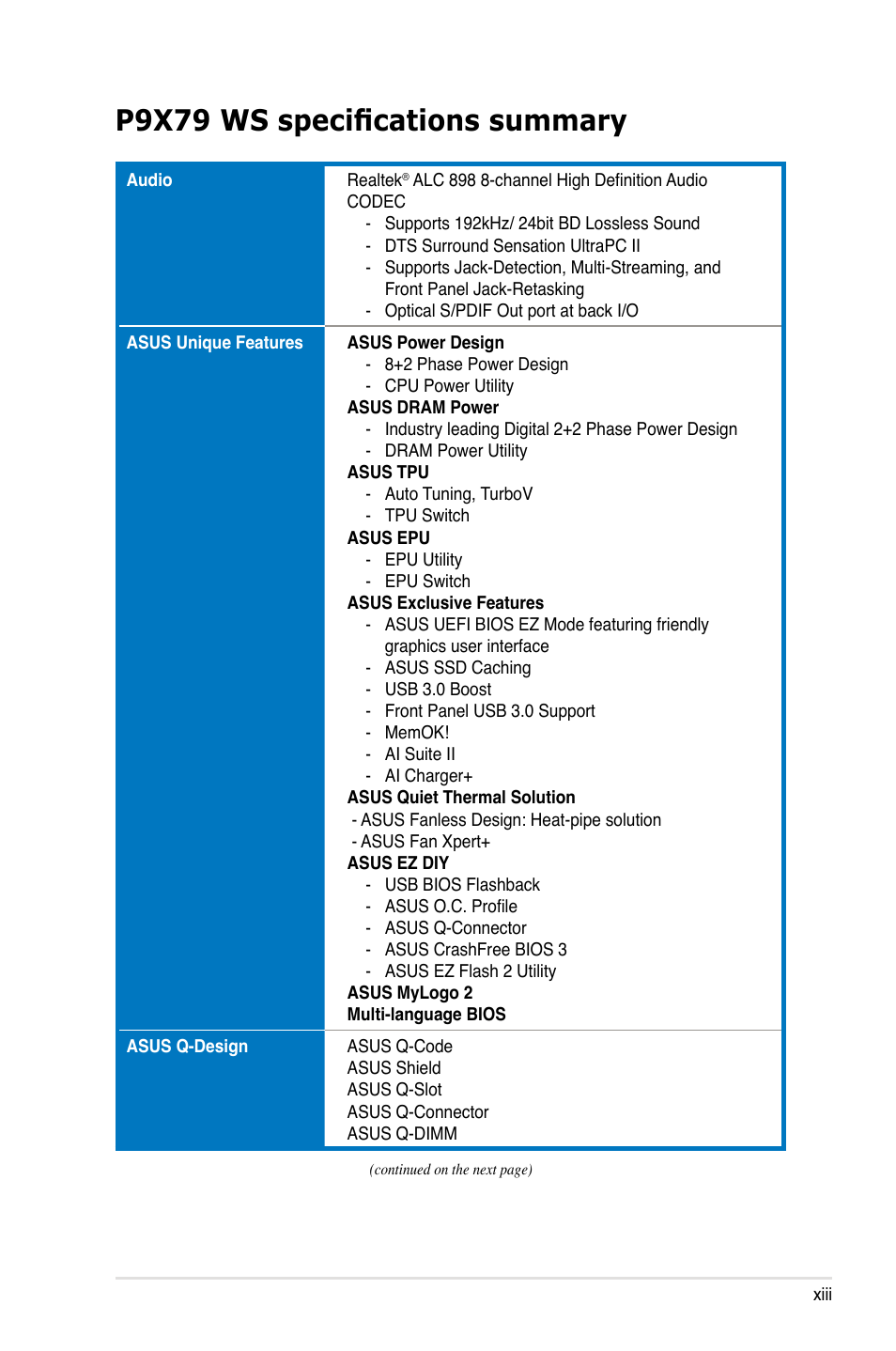 P9x79 ws specifications summary | Asus P9X79 WS User Manual | Page 13 / 186