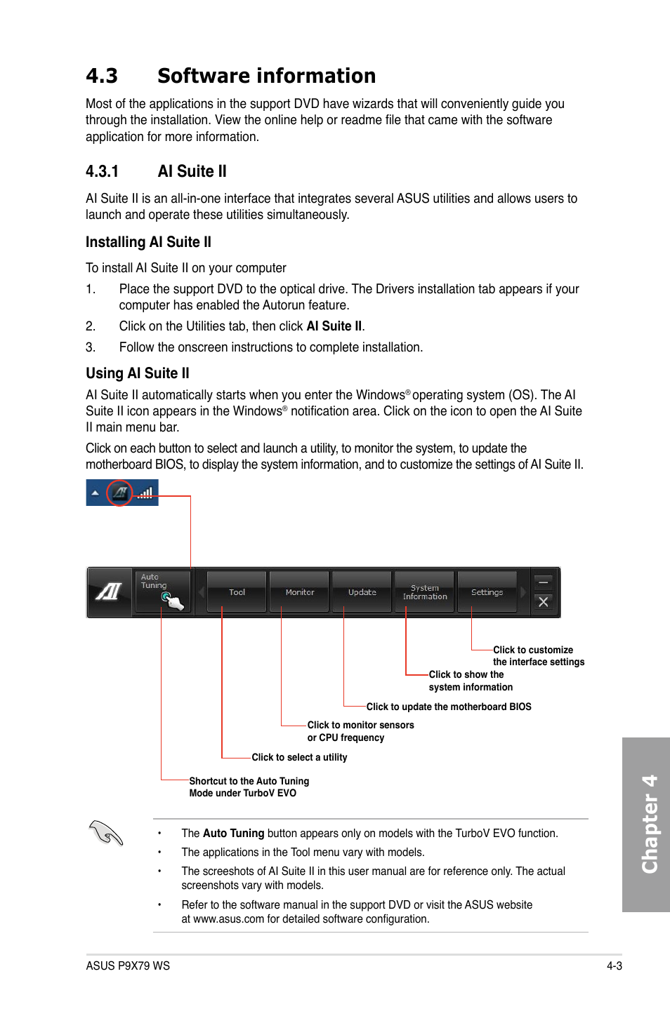 3 software information, 1 ai suite ii, Software information -3 4.3.1 | Ai suite ii -3, Chapter 4 4.3 software information | Asus P9X79 WS User Manual | Page 139 / 186