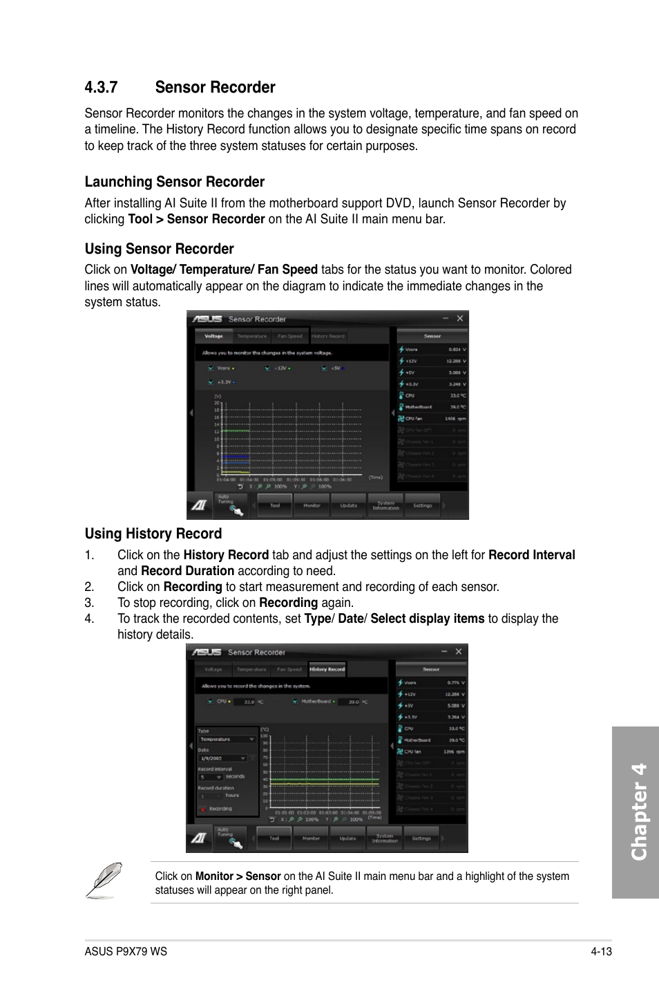 7 sensor recorder, Sensor recorder -13, Chapter 4 | Asus P9X79 WS User Manual | Page 149 / 186